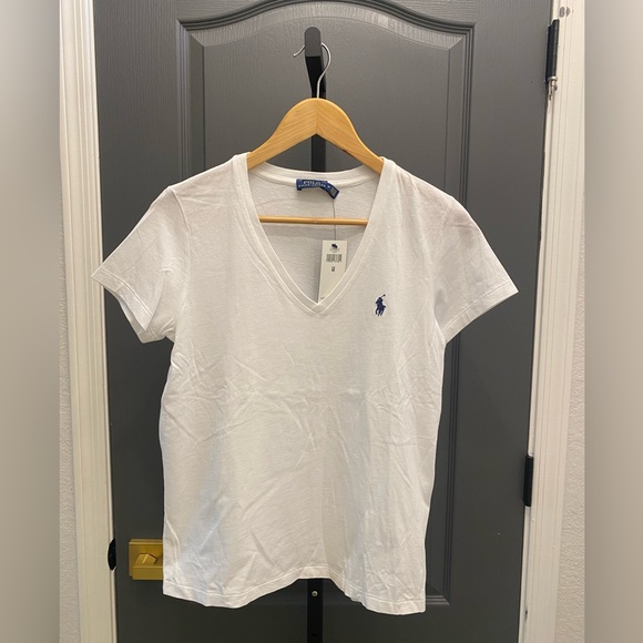 Ralph Lauren White V-Neck Tee with Blue Logo - Picture 1 of 7